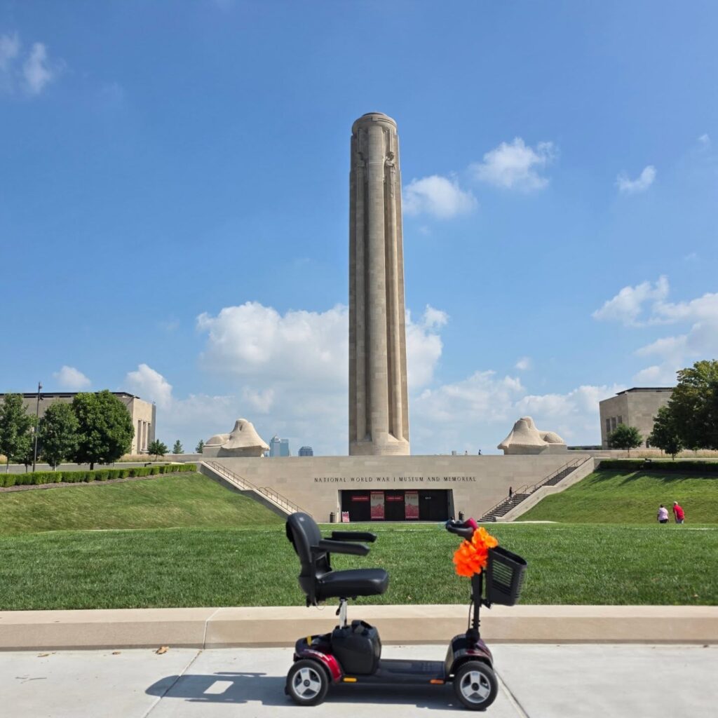 Mobility Scooter in front of the World War I museum and Memorial in Kansas City, Missouri